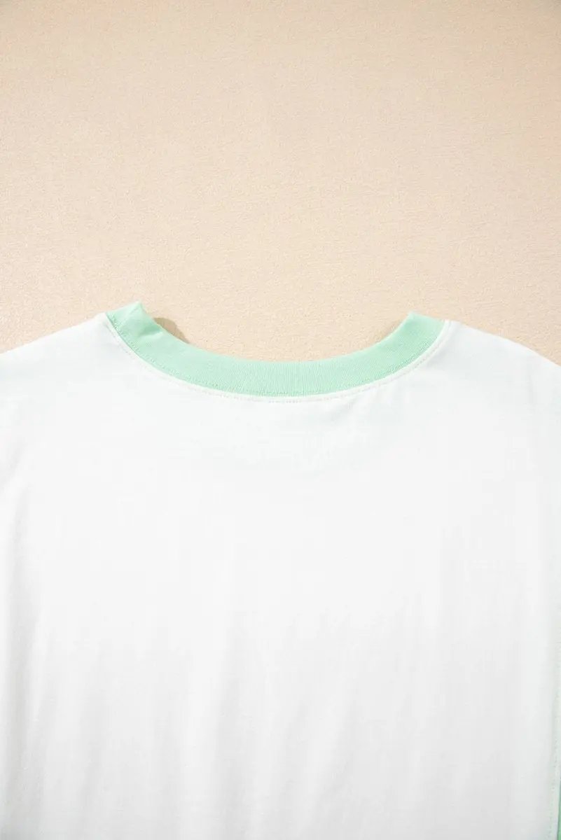 Light Green Color Block Exposed Seam Crew Neck T Shirt - Love Salve